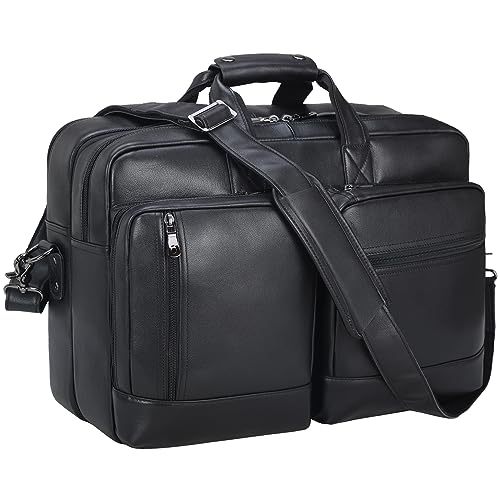 Masa Kawa Black Leather Briefcase Messenger Bag Men Expandable 17 Inch Laptop Business Travel Duffel Crossbody Shoulder Weekender Overnight Bags,Large