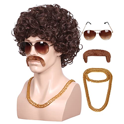 ColorGround 3-Pieces Chain and Moustache and Short Curly Wig for 70'S Disco Party (Brown Curly (4 pieces set))