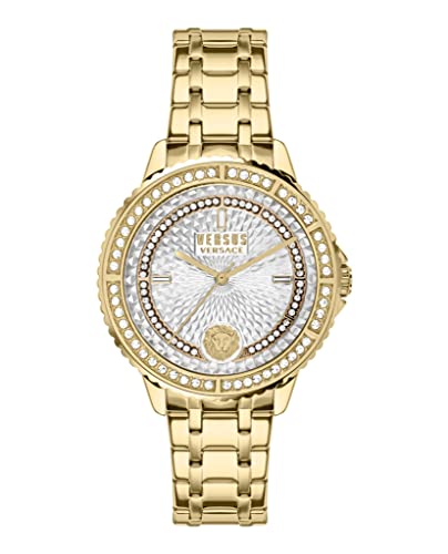 Versus Versace Montorgueil Collection Luxury Womens Watch Timepiece with a Gold Bracelet Featuring a Gold Case and Silver Dial
