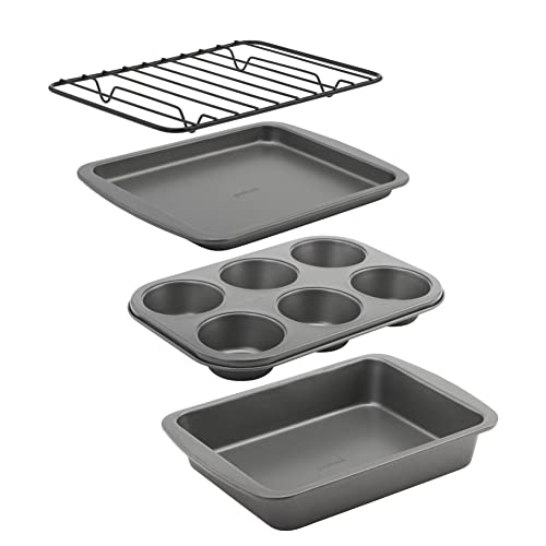 GoodCook 4-Piece Nonstick Steel Toaster Oven Set with Sheet Pan, Rack, Cake Pan, and Muffin Pan, Gray, 4-Piece Set Distributes Heat Evenly, Nonstick Coating, High-Quality Construction, Dishwasher-Safe