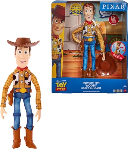 Mattel Disney Pixar Toy Story Roundup Fun Woody Large Talking Posable Figure, 12 Inches Tall with 20 Phrases Authentic Detail, Fabric Plush & Plastic