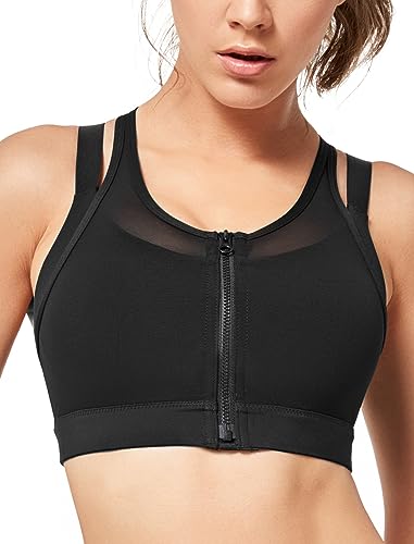 Yvette High Impact Women Sports Bra Front Closure Double Deck Mesh Running Bra for Plus Size, 09ABlack, M(DF)
