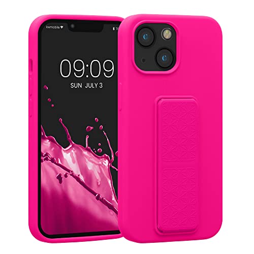 kwmobile Case Compatible with Apple iPhone 13 Mini - Case with Hand Strap and Stand Soft TPU Silicone Coating - Neon Pink