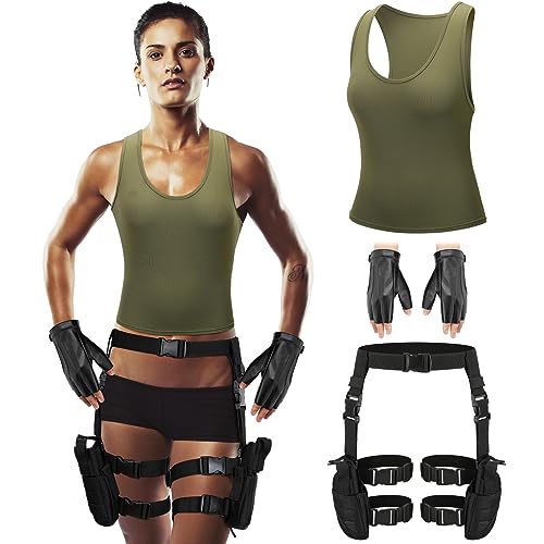 3 Pcs Halloween Thigh Holsters Costume for Women Adjustable Leg Gun Holster Pouch Holder and Racerback Crop Tank Top Glove(X-Large)