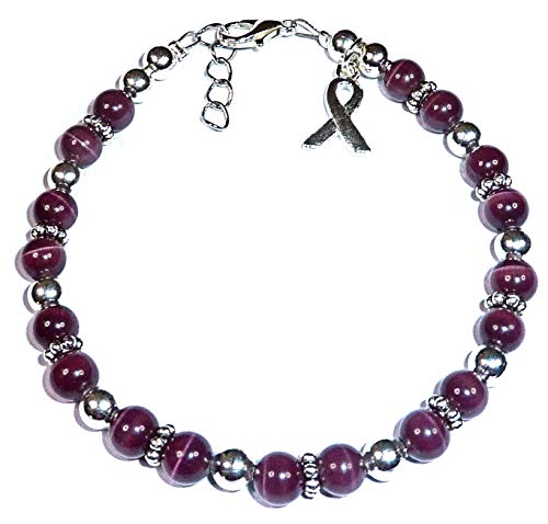 Cancer Awareness Bracelet, for Showing Support or Fundraising Campaign, Adult Size with Extension, 6mm Cat's Eye Beads. Comes Packaged. (Pancreatic Cancer - Dark Purple)