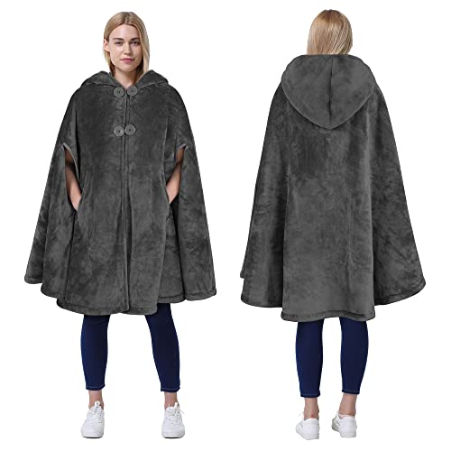 Catalonia Women's Poncho Cape, Sherpa Fleece Cloak Coat, Snuggly Hooded Wearable Blanket, Gift Idea for Mom and Teen Girls