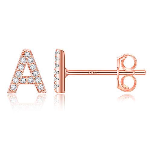 MONOOC Rose Gold Plated Initial A Earrings for Girls, Cubic Zirconia Stud Earrings, Perfect for Everyday Wear