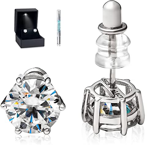 Moissanite Stud Earrings/No Poke Screw Back / 6 Prong / 4 CT / 8 MM/White Gold Vermeil/Colorless Flawless Lab Grown Diamond/Hypoallergenic/GRA Engraved/Gift Set