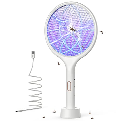 YISSVIC Electric Fly Swatter 4000V Bug Zapper Racket Dual Modes Mosquito Killer with Purple Mosquito Light Rechargeable for Indoor Home Office Backyard Patio Camping (White)