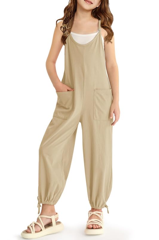 BesserBay Girl's Khaki Soft Jumpsuit Spaghetti Strap V Neck Long Pants Drawstring Cuffs Romper 7-8 Years