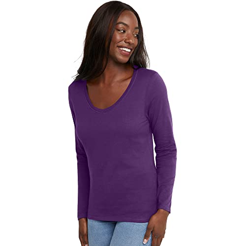 Hanes Women's Originals Long Sleeve Cotton T-Shirt, Lightweight V-Neck Tee, Modern Fit, Violet Splendor, X-Large