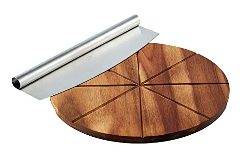 Hans Grill Pizza Cutter and Round Serving Board Gift Set | Professional Stainless Steel Food Slicer with 13.5' Acacia Wooden Board | Perfect for Slicing and Serving Pies, Pizza, Cake and Cheese