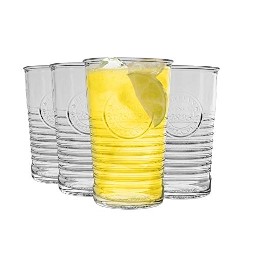 Bormioli Rocco Officina Water Glasses – Set Of 4 Clear Drinking Tumblers With Textured Ring Design & Vintage Stamp Logo – 11oz High Capacity Tall Cups For Soda, Juice, Milk, Coke, Beer, Spirits