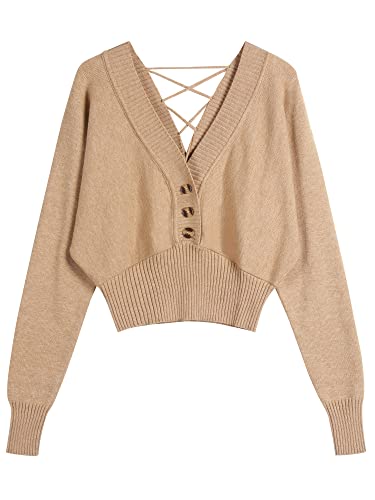 ZAFUL Women V Neck Button Knit Crop Sweaters Batwing Sleeve V Back Ribbed Hem Pullover Sweater A-Khaki