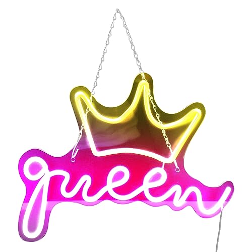 LED Neon Sign with Crown Queen Letters USB Powered Decorative Wall Light Easy Install for Kids Room Party