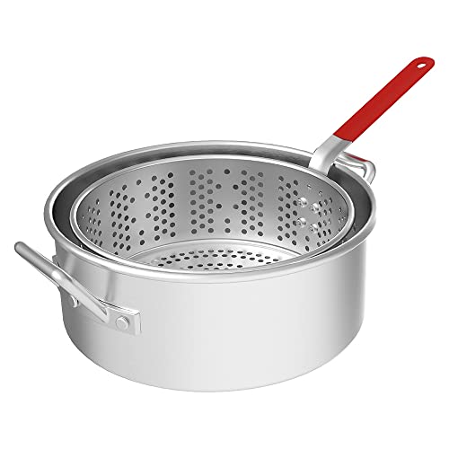 Nexgrill 10.5 Qt. Aluminum Pot with Heavy-Duty Strainer Basket, Built in Drain Clip, Easy Grip Handle, Perfect for Cooking or Frying Seafood, French Fries, Chicken Wings, Durable Side Handles
