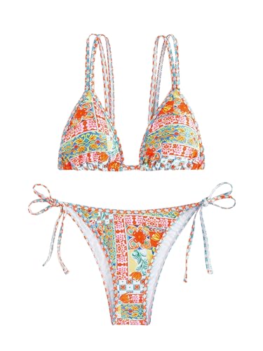 MakeMeChic Women's Two Piece Bathing Suit Floral Triangle Swimsuit High Cut Tie Side Bikini Sets Multicolor Medium