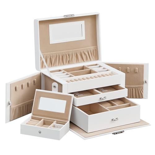 SONGMICS Jewelry Box 3 Layers, Jewelry Organizer with 2 Drawers, Jewelry Case with Portable Travel Case, with Handle, Lockable, Jewelry Storage, Gift for Loved ones, White UJBC121W