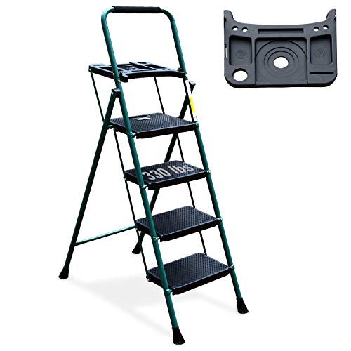 4 Step Ladder, HBTower Folding Step Stool with Tool Platform, Wide Anti-Slip Pedal, Sturdy Steel Ladder, Convenient Handgrip, Lightweight 330lbs Portable Steel Step Stool, Green and Black