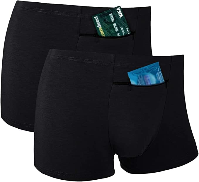 Pocket Underwear for Men with Secret Hidden Front Stash Pocket, Travel Boxer Brief, Medium Size 2 Packs (Black)