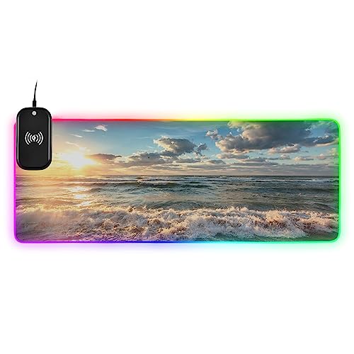 Sunrise Beach Sea Wave Wireless Charging Mouse Pad for Mobile Phone Extra Large Gaming Mousepad with 13 Lighting Modes Extended Desk Mat for Office Home Gaming MacBook PC Laptop Desk