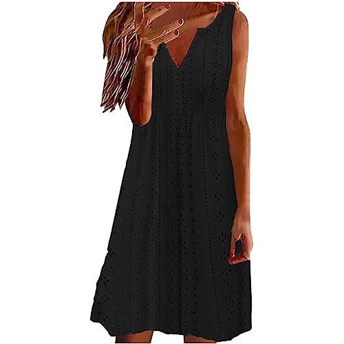 Boho Spring Dress for Women, Elegant V Neck Lace Midi Dress Hollow Out Sleeveless Plus Size Shirts Tank Dresses S-5Xl Amazon of Prime Big Deal Days Black Winter Friday Deals