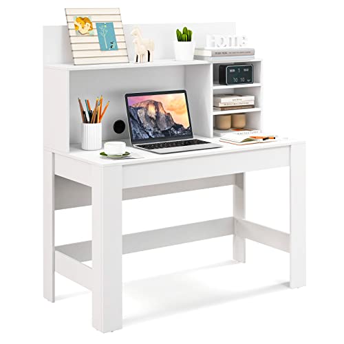 Giantex White Computer Desk with Bookshelf, 48' Home Office Writing Desk with Anti-Tipping Kits & Cable Management Hole, Modern Study Table Workstation for Small Space Bedroom