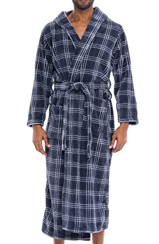 Alexander Del Rossa Men’s Robe, Plush Fleece Hooded Bathrobe with Two Large Front Pockets and Tie Closure, Gray Black and White Plaid, 1X-2X