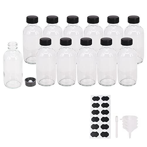 BPFY 12 Pack Clear 4 oz Glass Bottle with Caps, Funnel, Chalk Labels, Pen, Vanilla Extract Bottle, Boston Bottles for Potion, Juice, Ginger Shots, Turmeric Shots, Whiskey, Herbal Medicine, Maple Syrup