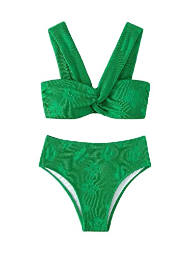 Falainetee Women's High Waisted Bathing Suit Floral Jacquard Twist Criss Cross Swimsuit Bikini Set 2 Piece Green M