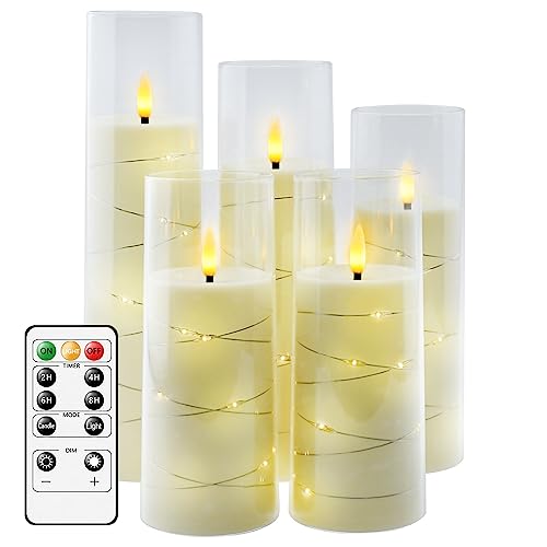 kakoya Flameless LED Candles with Timer 5 Pc Flickering Flameless Candles for Romantic Ambiance and Home Decoration Durable Acrylic Shell,with Embedded Star String，Battery Operated Candles（Ivory）