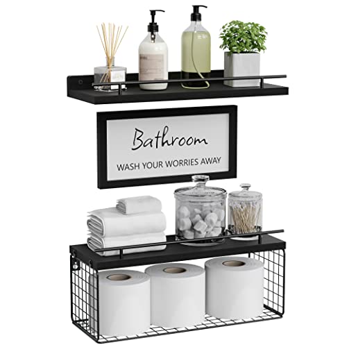 WOPITUES Floating Shelves with Bathroom Wall Décor Sign,Wood Floating Bathroom Shelves Over Toilet with Toilet Paper Storage Basket Set of 3, Rustic Floating Shelf with Guardrail for Wall Décor–Black