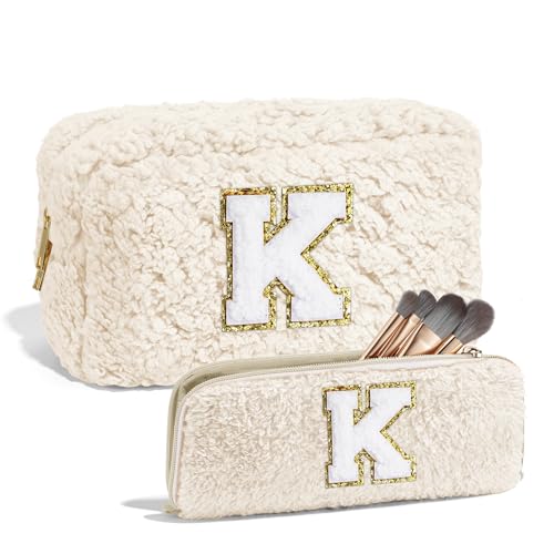 YOOLIFE Cosmetic Bags for Women, Initial Make Up Bag Cute Makeup Bag with Makeup Brush Bag Travel Essentials Lamb Wool Makeup Bag Graduation Bridesmaid Proposal Gifts Teacher Gifts for Women White K