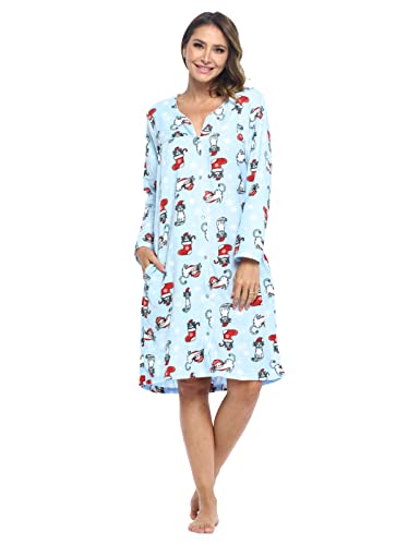 Casual Nights Women's Printed Fleece Snap-Front Lounger House Dress - Light Blue Holiday Cat - X-Large