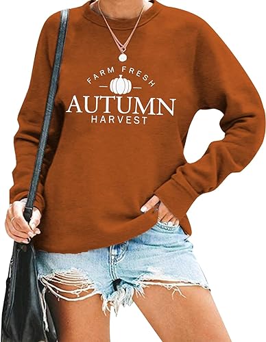 Fall Sweatshirts Women Farm Fresh Pumpkins Sweatshirt Halloween Autumn Harvest Long Sleeve Pullover Top Dark Orange