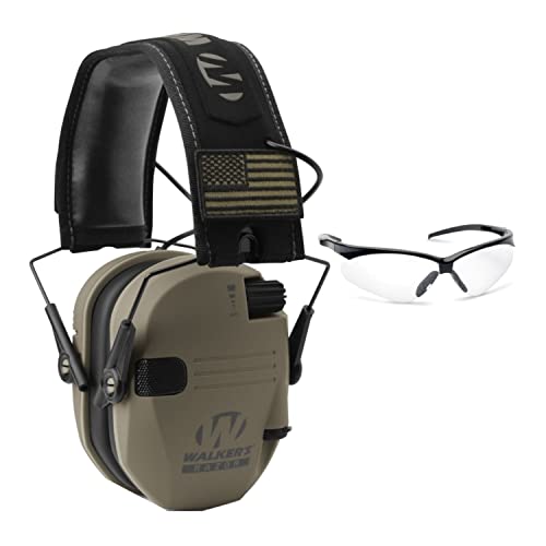 Walkers Razor Slim Electronic Hearing Protection Muffs (FDE Patriot Version) with Shooting Glasses Bundle (2 items)