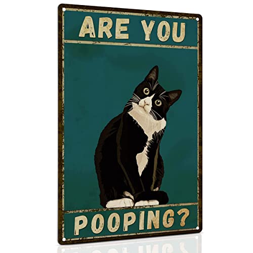 ALKB Bathroom Tuxedo Cat Wall Decor Funny Metal Sign 8x12 Inch - Are You Pooping - Wall of Glory Decor Black Cat Sign
