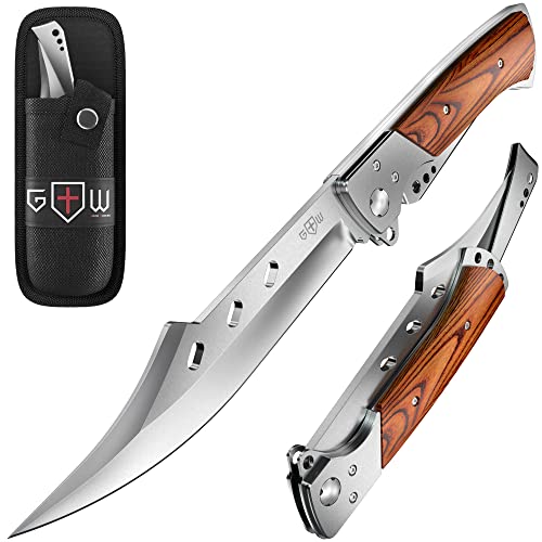Long Blade Folding Knife - Sharp Hunting Hiking Camping Tactical Survival Work Knives for Men Women - Foldable Large Knife with Rosewood Handle - Fits any Knife Sharpener - Gift for Dad Husband 4172