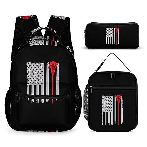 Merican Flag Lacrosse 3 Pcs Backpack Set Portable Lunch Bag Pencil Pouch for Office