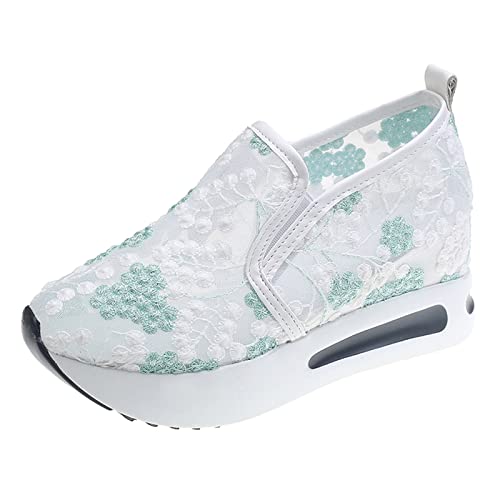 Hbeylia Platform Wedge Fashion Sneakers for Women Embroidery Floral Mesh Air Lace Chunky Sole Hidden High Heels Slip On Loafers Walking Work Shoes Arch Support Low Top Play Sneakers Loafers Green