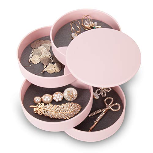 CONBOLA Jewelry Organizer, Small Jewelry Storage Box Earring Holder for Women, 4-Layer Rotating Travel Jewelry Tray Case with Lid for Bracelets Rings Bracelets, Gift for Women Teen Girls