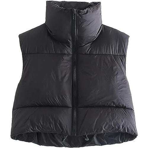 Shiyifa Women's Fashion High Neck Zipper Cropped Puffer Vest Jacket Coat (Black, Small)
