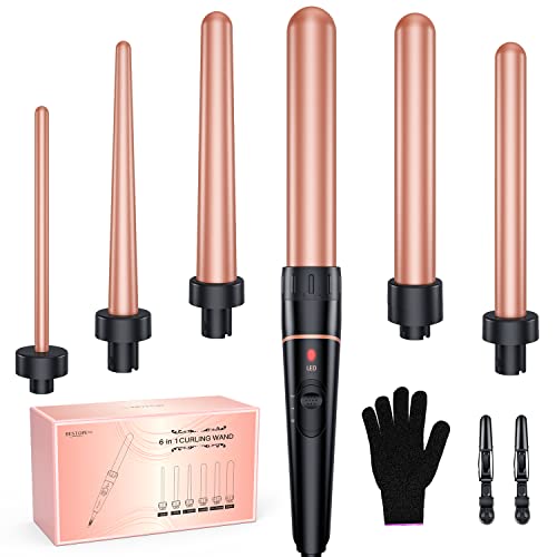 Long Barrel Curling Iron Wand Set, BESTOPE PRO 6 in 1 Curling Wand Set with Ceramic Barrel for Long/Medium Hair, 0.35'-1.25' Interchangeable Hair Wand Curler, Dual Voltage, Include Glove & Clips