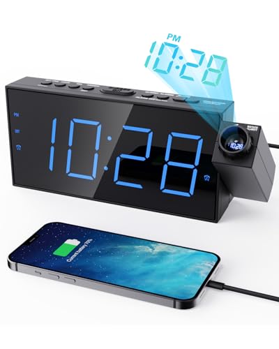 Projection Alarm Clock for Bedroom,LED Digital on Ceiling Wall with USB Phone Charging,Battery Backup,180°Projector& Dimmer,12/24H,DST,Snooze,Dual Loud Bedside Heavy Sleeper