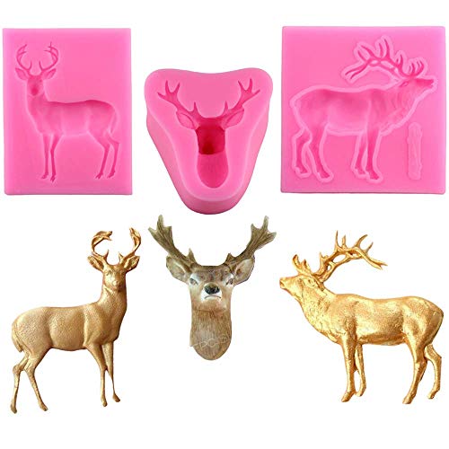 Set of 3 Christmas Deer Elk 3D Stag Head Silicone Fondant Chocolate Gum Paste Mold Cake Cupcake Decorating Tools Resin Polymer Clay Mold