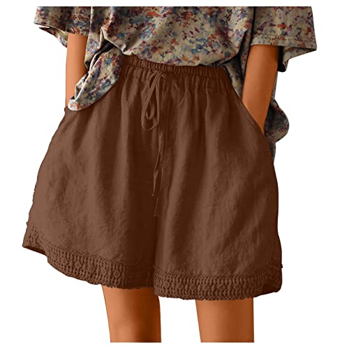 Ayolanni Linen Shorts Women's Baggy Linen Shorts with Pockets Drawstring Elastic Waist Lace Patchwork Solid Color Wide Leg Shorts Presidents Day Sale