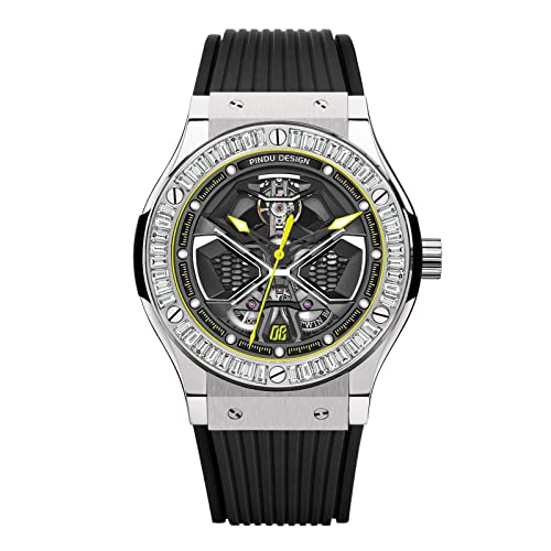 PINDU Automatic Watches for Men, Skeleton Watches for Men Analog Tourbillon Watch Wandering Earth Series Silver Diamonds Mechanical Watch Black Silicone Strap