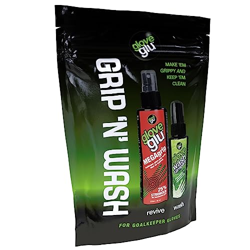 gloveglu 'Grip 'N' Wash Goalkeeper Glove Spray Bundle. Contains 120ml MEGAgrip Goalkeeper Grip Spray 50ml Premium Wash & Prepare Goalkeeper Glove Wash