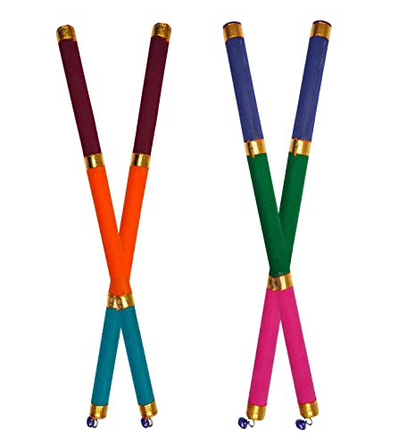 GENIELAND 14.5 Inch 4Pc (2 Pair) Long Decorated Valvet Dandiya Sticks Indian Traditional Wooden Dandia Sticks for Couple Special Navratri Festival Occasion Sticks for Garba (Set of 2 Pair)