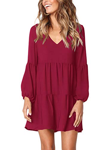 Amoretu Women's Long Sleeve Casual V Neck Loose Swing Tunic Dress Burgundy L